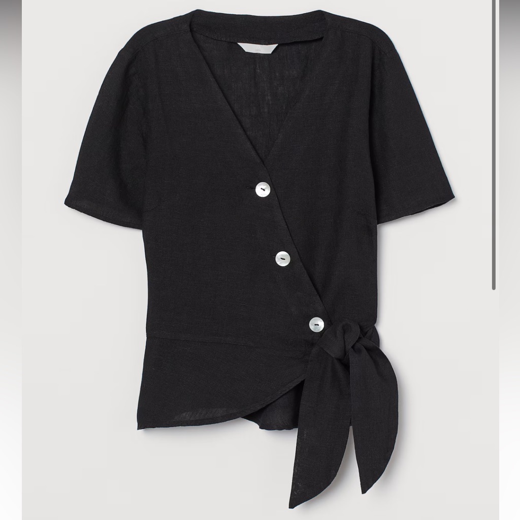 H&M 100% Linen Wrapover Button & Tie Closure Black Blouse